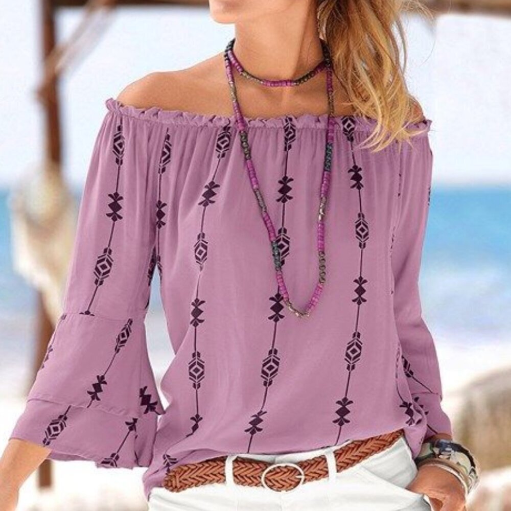 🦜 LASCANA On / Off-shoulder Top 8 Deep Pink Purple Boho Chic Beach Travel NEW